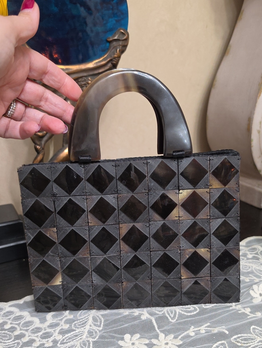 Vtg 1970 Horn Black Geometric Mosaic Top-Handle Women’s Bag Made In Vietnam